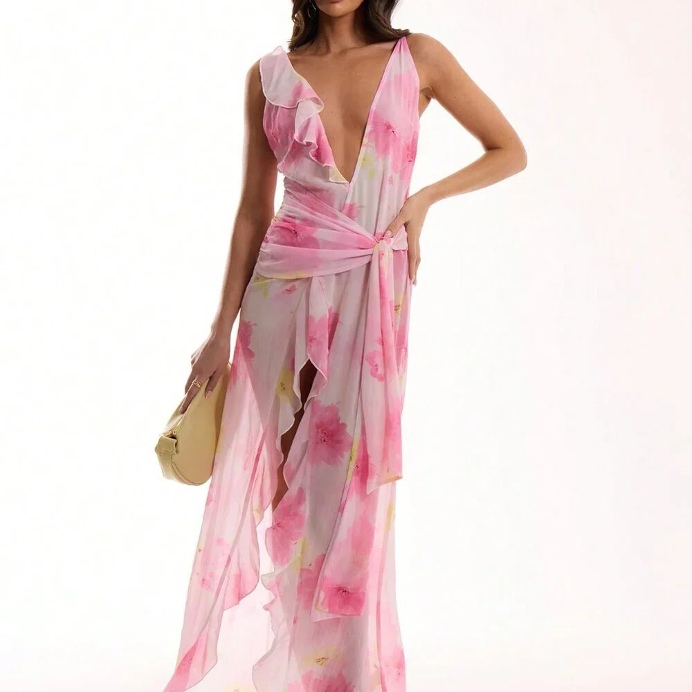 Baby Pink Boho Women's Frill Drape Split Maxi Dress